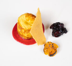 Baked cheesecake, mulled wine compote, clementine, ginger tuile