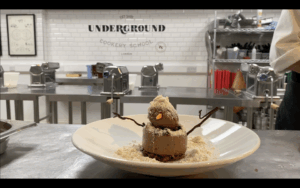 Dark chocolate snowman, salted caramel, olive oil snow