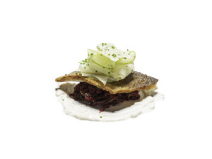 Sea bream, beetroot, apple and celeriac salad, horseradish cream