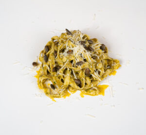 Tagliatelle with sunflower seed pesto rosso