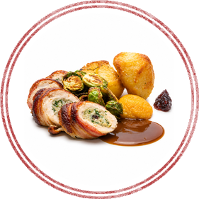 Turkey ballottine with roast potatoes, Brussels sprouts and gravy from the Christmas menu
