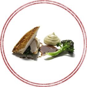 Roast chicken breast with beurre noisette mash, broccoli and jus from the Brasserie menu