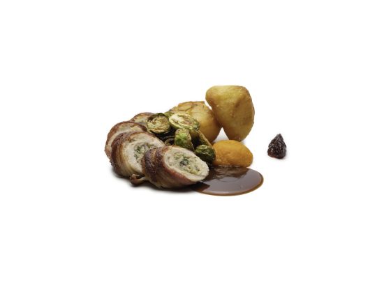 Ballotine of Turkey with Pork and Sage Stuffing, Duck Fat Roast Potatoes, Carrot Purée, Sprouts and Gravy