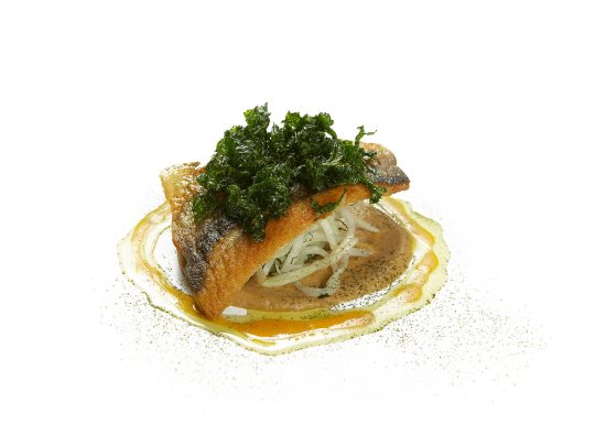 Sea Bass, Roasted Fennel Purée, Fennel and Kohlrabi Salad, Crispy Kale, Orange Reduction